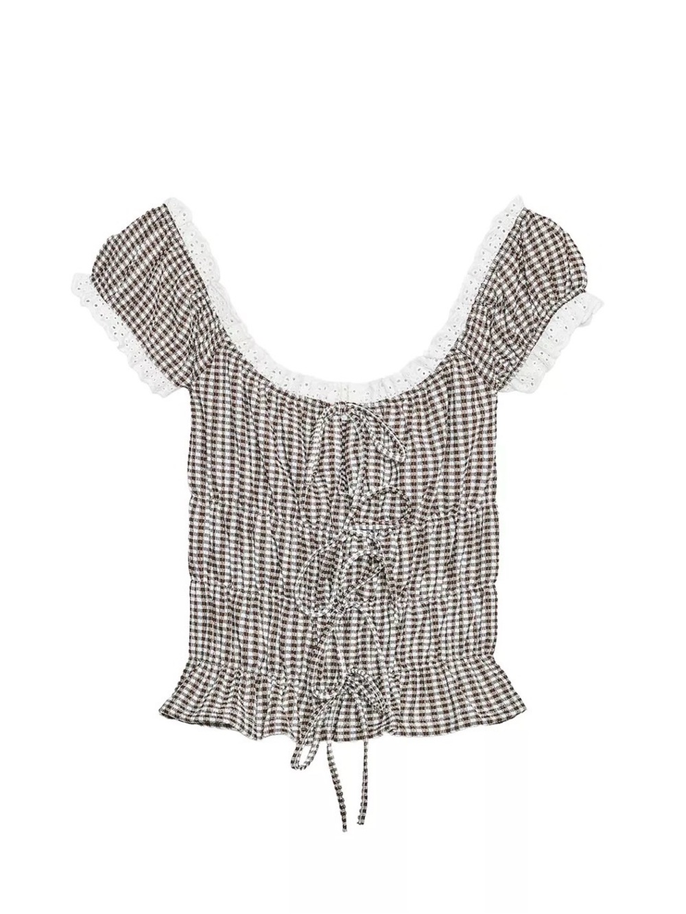 NWT Zara Gingham Lace Trim Tie Front Milkmaid Top Brown White Size S